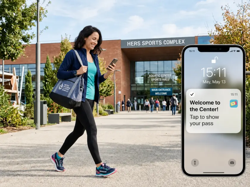 Geofencing illustration: the Walleett pass appears automatically as the user approaches the access point