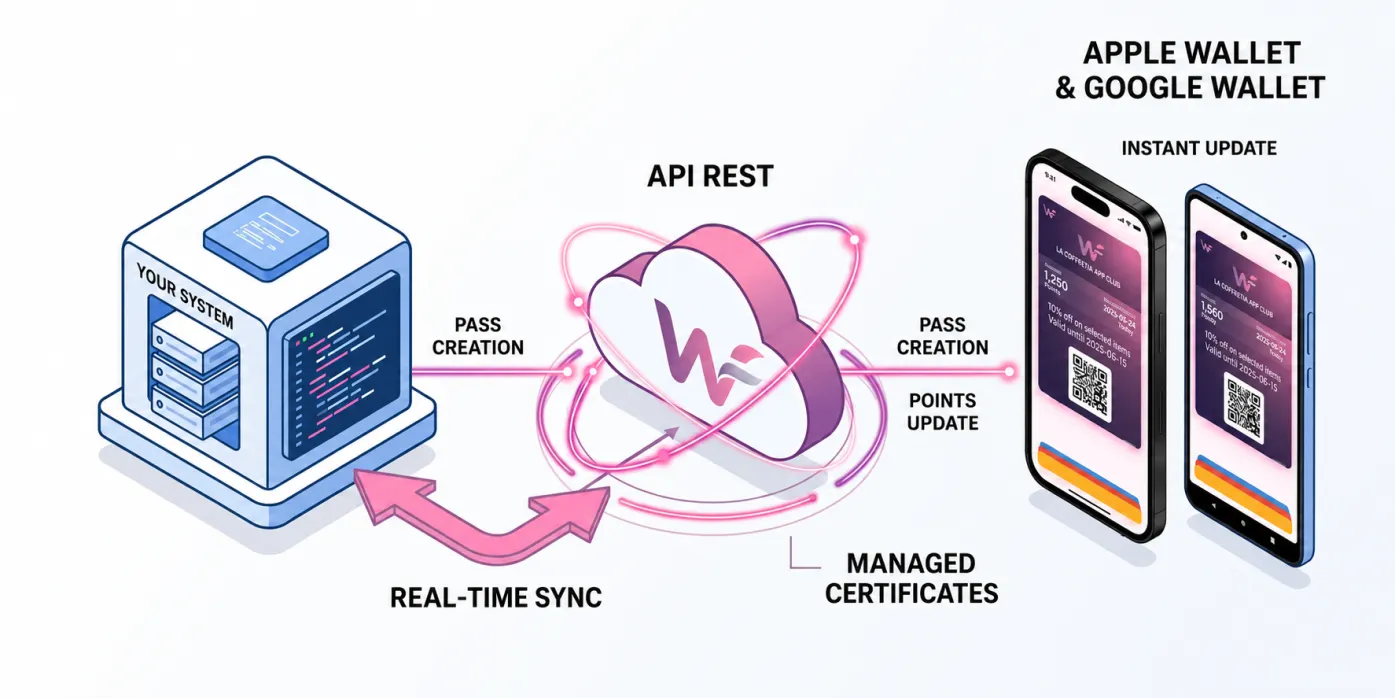 Integration diagram between CRM, Walleett API, and customer pass