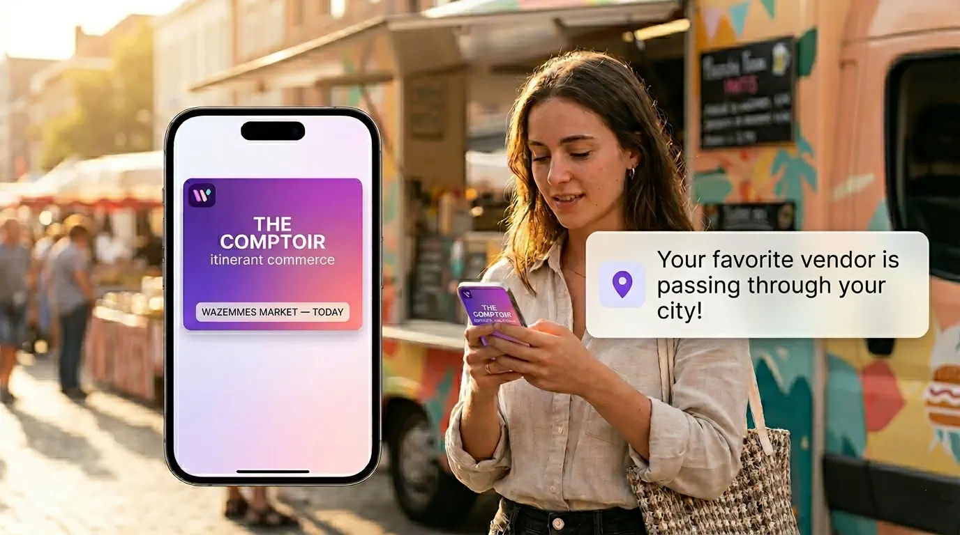 A customer receives a 'Your favorite vendor is in your area' notification on their Wallet pass, in front of a food truck at a market