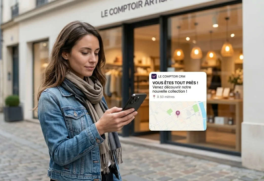 Notification Walleett 'Vous êtes tout près !' affichée sur smartphone devant une boutique