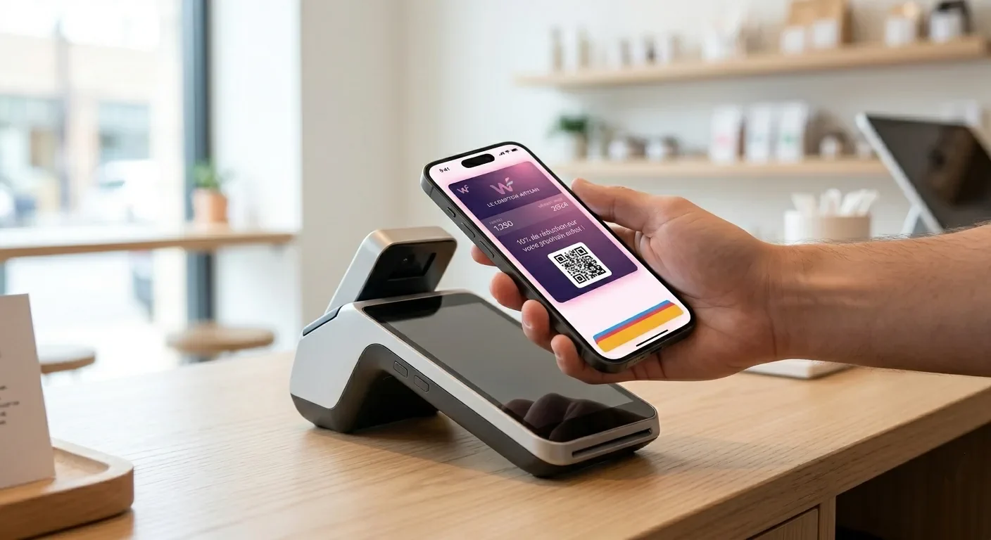 Pass Walleett approché d'un terminal de paiement en boutique