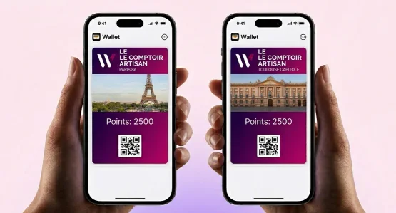 Même carte de fidélité Walleett personnalisée par ville : Paris 8e et Toulouse Capitole, dans Apple Wallet